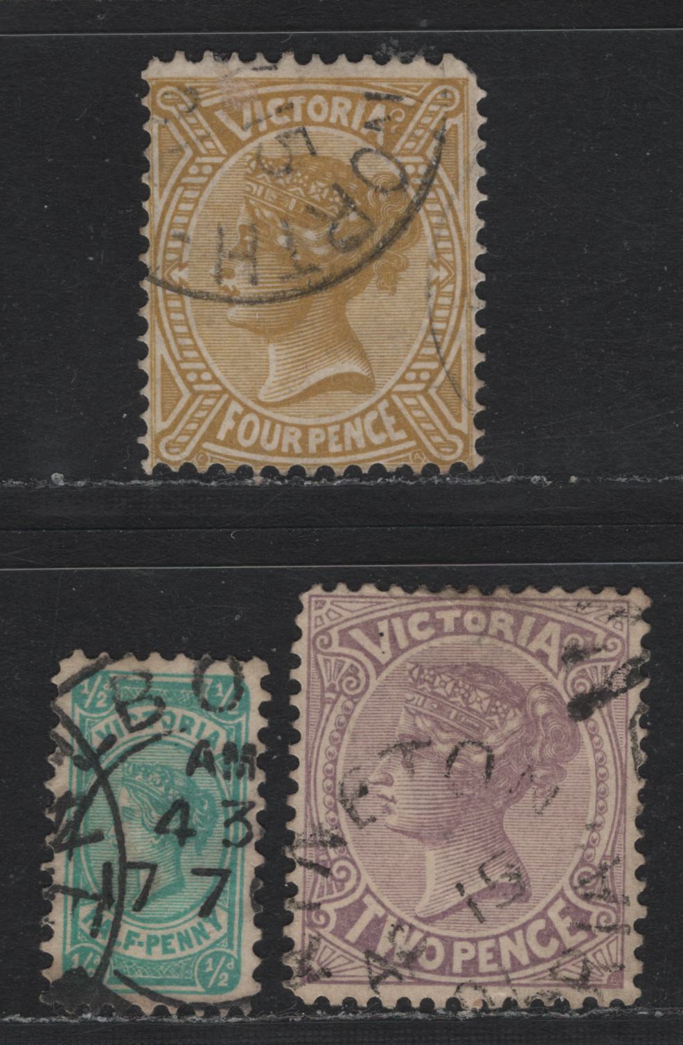 Lot 194 Australia - Victoria SG#376, 377, 379 (SC# 184-185, 187) 1/2d - 4d Emerald - Bistre , 1899-1901 Reading Design Stamp Duty Issue, 3 Fine/Very Fine Used Singles, V Over Wide Pointed Crown Wmk (V4)