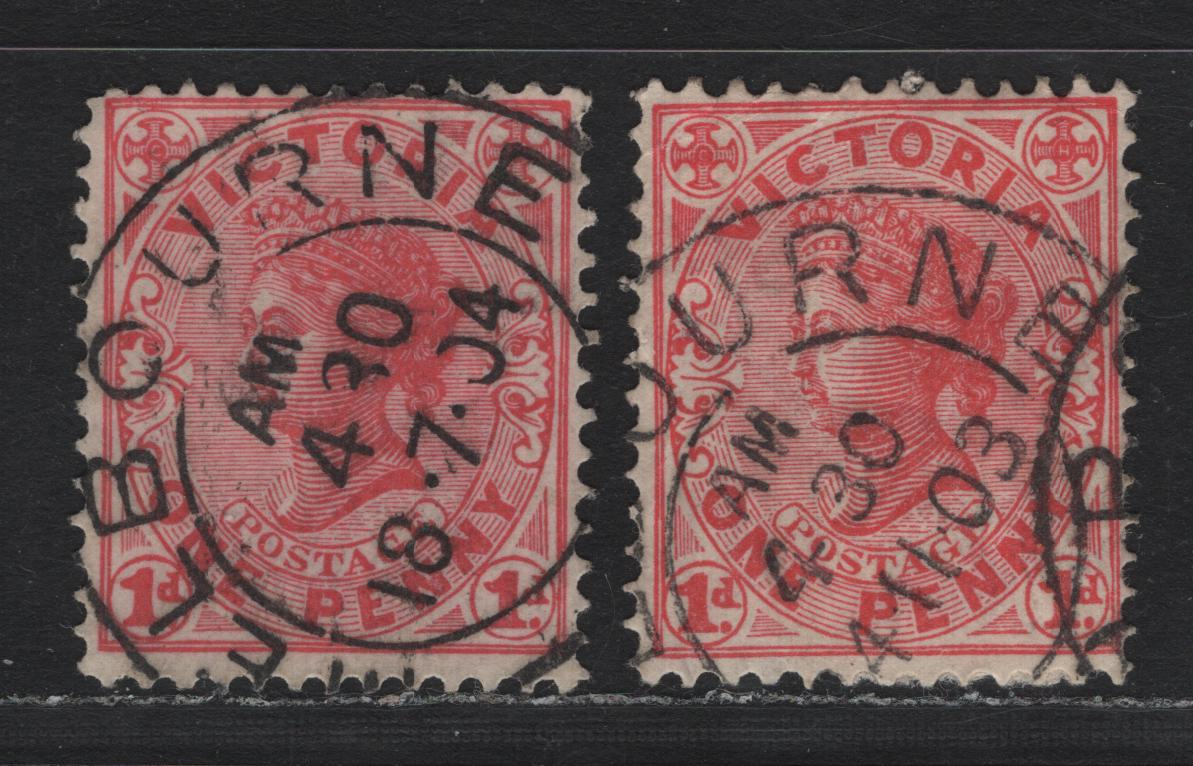 Lot 197 Australia - Victoria SG#385b-c (SC# 194a) 1d Rose , 1901-1910 Postage Designs Issue, 2 Very Fine Used Singles, Dies 2 & 3, V Over Crown Wmk, SON Melbourne Cancels Dated July 18 1904 & November 4 1903.