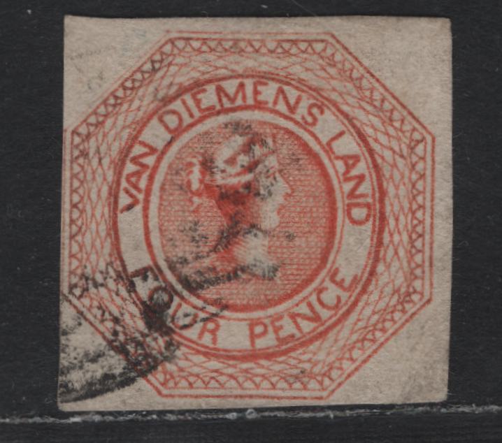 Lot 2 Australia - Tasmania SG#8 )SC# 2b) 4d Orange , 1853 Courier Issue, A Fine Used Single, Second Slate Of The Plate, Clear Network Lines But Blurred Center Lines, Wove Paper, Indistinct Face-Free Cancel, Clear Margins On 3 Sides, Barely Clear At Left.