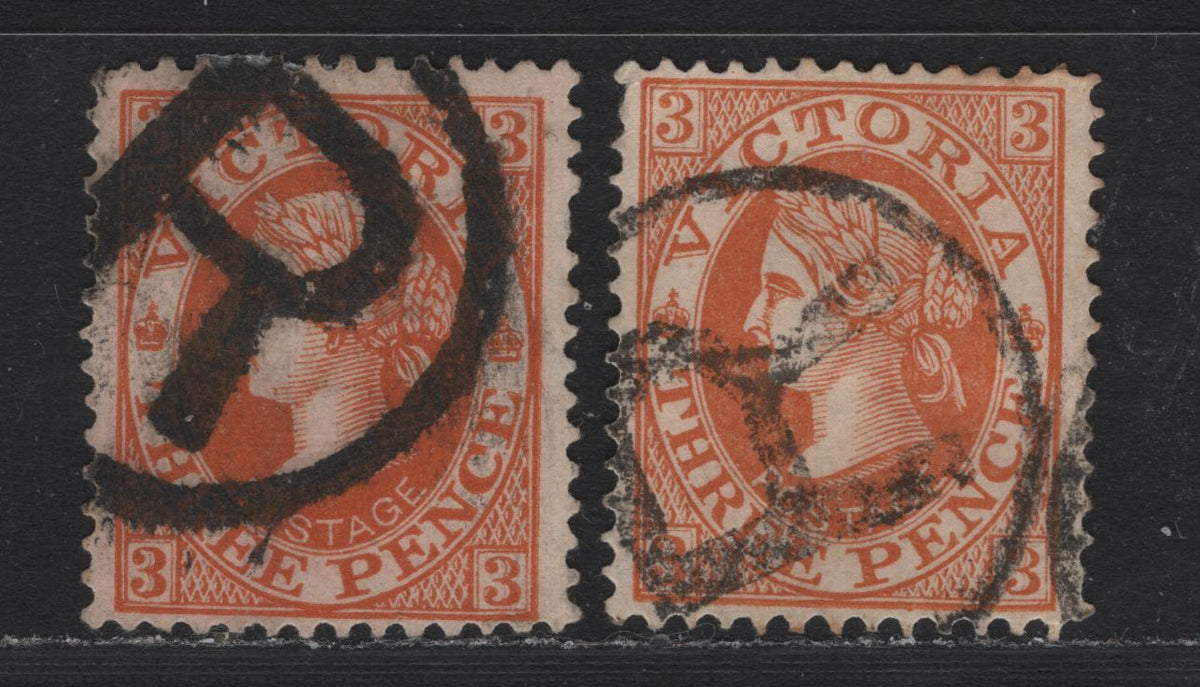 Lot 202 Australia - Victoria (C)SG#389 (SC# 389) 3d Dull Orange , 1901-1910 Postage Designs Issue, 2 Fine Used Singles, V Over Crown Upright & Inverted Wmk, Bold Registered Cancels