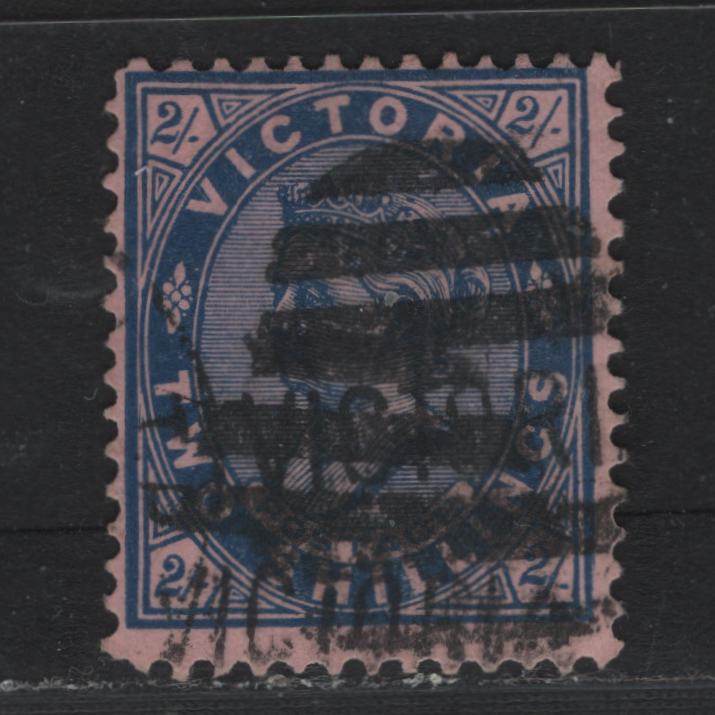 Lot 207 Australia - Victoria SG#395var (SC# 204) 2/- Blue on Rose , 1901-1910 Postage Designs Issue, A Fine Used Single, V Over Crown Sideways Wmk, Perf 12x12.5, Cancelled With Heavy Barred Victoria Cancel, Unlisted In Gibbons.