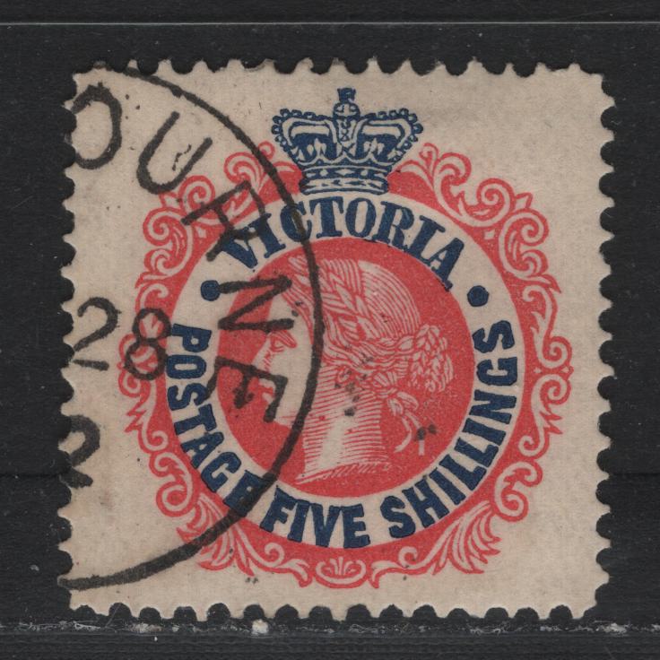 Lot 208 Australia - Victoria SG#398var (SC# 205) 5/- Rose Red & Blue , 1901-1910 Postage Designs Issue, A Very Fine Used Single, V Over Crown Wmk, Perf 12.5, Scarce CTO Example With Crisp 1912 Melbourne Cancel and Full Original Gum.