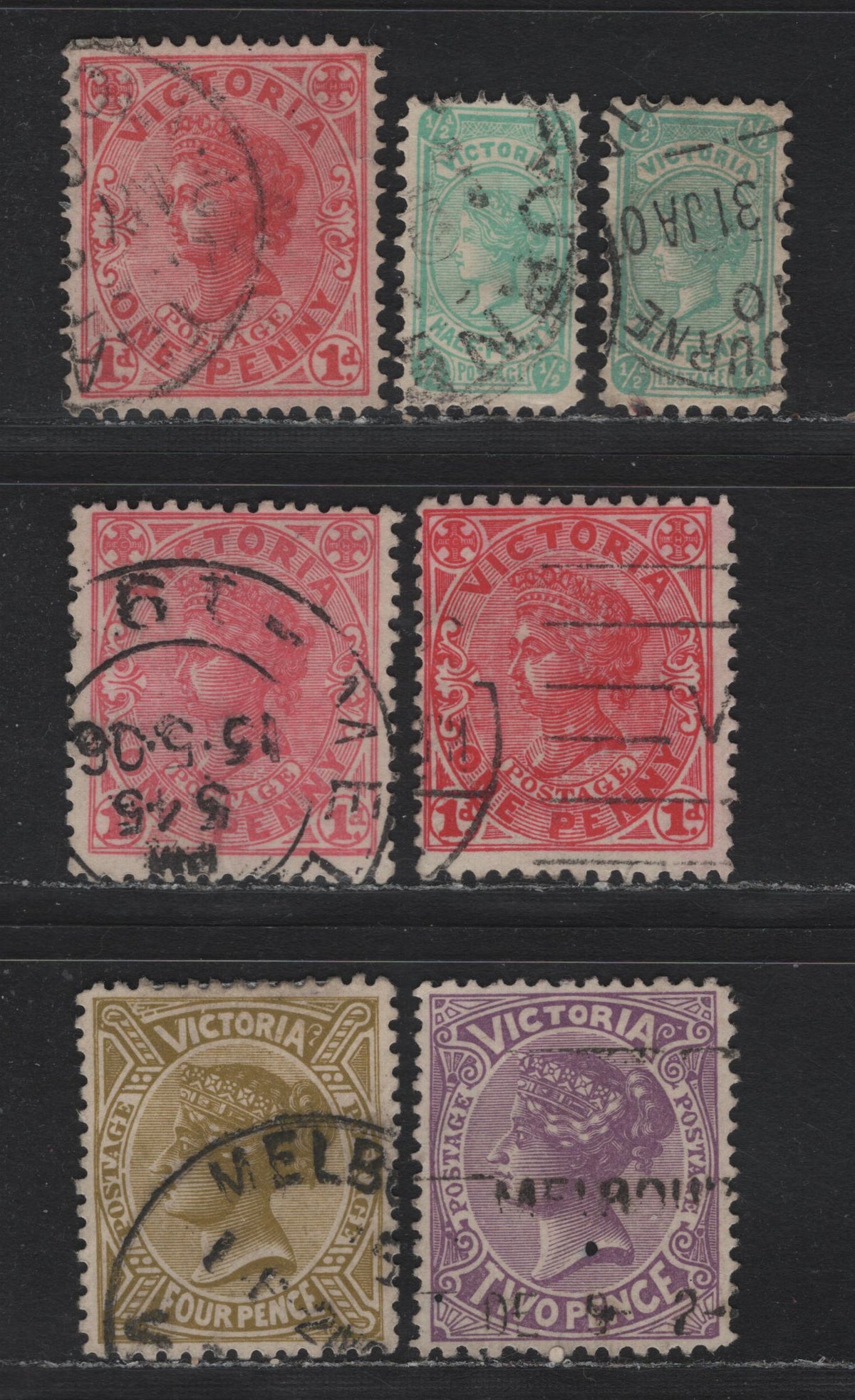 Lot 210 Australia - Victoria SG#416, 417-a, 418b, 421a (SC# 218-219a, 220, 223) 1/2d - 4d Emerald - Olive Bistre , 1905-1913 Postage Issues, 7 Fine/Very Fine Used Singles, Crown Over A Wmk, Perf 12.5