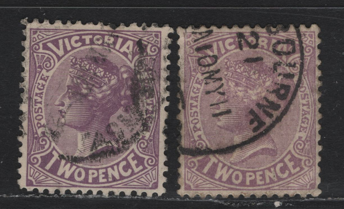 Lot 216 Australia - Victoria SG#418a-b,var (SC# 220-220a) 2d Reddish Violet & Lilac , 1905-1913 Postage Issues, 2 Very Fine Used Singles, Crown Over A Inverted Wmk, Comb Perf 12x12.5
