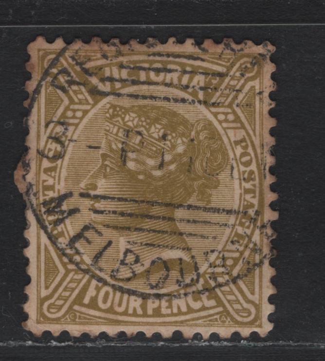 Lot 219 Australia - Victoria (C)SG#421a (SC# 223) 3d Olive Bistre , 1905-1913 Postage Issues, A Very Fine Used Single, Crown Over A Wmk, SON & Scarce Melbourne Circular Grd-Within Registered Date Stamp