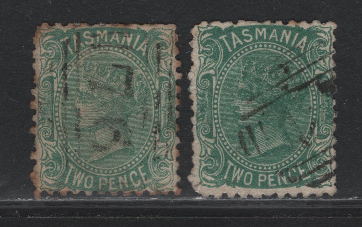 Lot 22 Australia - Tasmania SG#133-a (SC# 48,c) 2d Green - Blue Green , 1870-1871 First Sideface Issue, 2 Fine Used Singles, Perf 11.5, Single Lined 2 Wmk, #76 Barred Numeral Cancel For Hamilton On Green Shade.