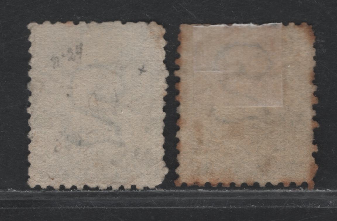 Lot 22 Australia - Tasmania SG#133-a (SC# 48,c) 2d Green - Blue Green , 1870-1871 First Sideface Issue, 2 Fine Used Singles, Perf 11.5, Single Lined 2 Wmk, #76 Barred Numeral Cancel For Hamilton On Green Shade.