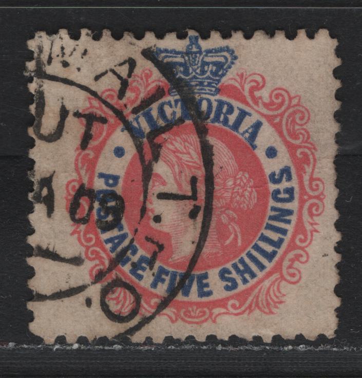 Lot 225 Australia - Victoria SG#443var (SC# 229a) 5/- Rose & Ultramarine , 1905-1913 Postage Issues, A Fine Used Single, Perf 11, Crown Over A Wmk, January 1909 Partial Strike Of Outbound Traveling Post Office Cancel, A Very Scarce Marking.