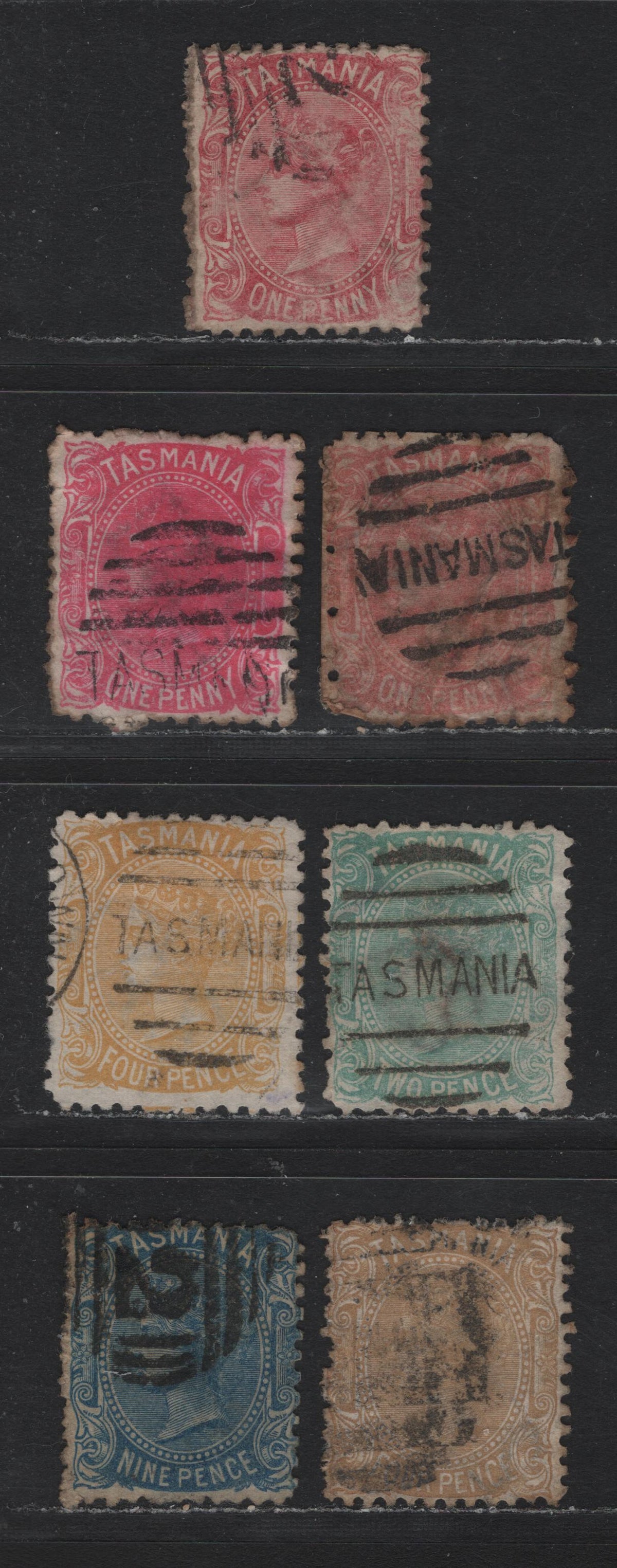 Lot 23 Australia - Tasmania SG#144,c,d, 145a, 148 (SC# 53,d,e, 53b-c, 58) 1d - 9d Rose - Blue , 1871-1878 2nd Sideface Issue, 7 Good/Very Good/Fine Used Singles, Perf 11.5, TA's between 2 Lines Wmk