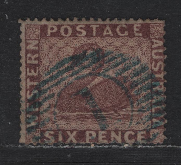 Lot 232 Western Australia SG#42 9SC# 23) 6d Purple Brown, 1861 Line Engraved Swans Issue, A Fine Used Single, Clean Cut Perf 14-16, Sideways Swan Wmk, SON #1 Grid Cancel For Perth.