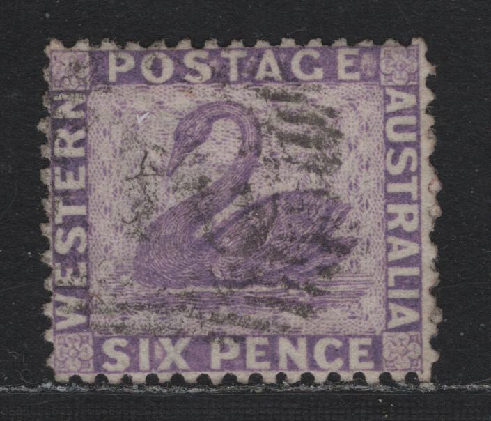 Lot 235 Western Australia SG#60 (SC# 33a) 6d Mauve, 1864-1879 Line Engraved Swans Issue, A Very Fine Used Single, Perf 12.5, Crown CC Wmk