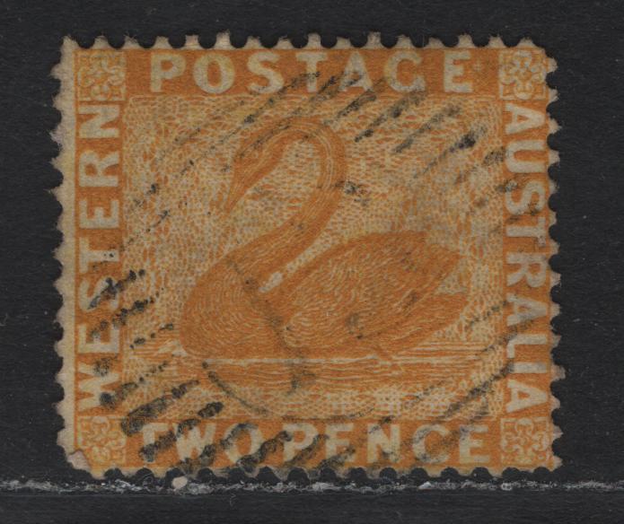 Lot 237 Western Australia SG#71a (SC# 37) 2d Chrome Yellow, 1876-1881 Line Engraved Swans Issue, A Very Fine Used Single, Crown CC Upright Wmk, Perf 14, #13 Grid Cancel For Guildford.