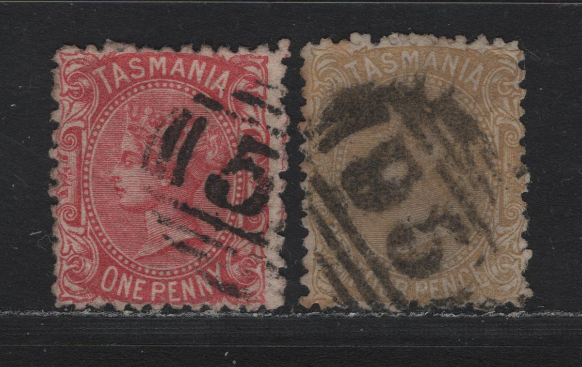Lot 24 Australia - Tasmania SG#150a, 153 (SC# 68-69) 1d - 4d Carmine - Buff , 1871-1878 2nd Sideface Issue, 2 Fine Used Singles, Perf 12, TAS Oblique Wmk With Lines, 4d With #95 Barred Numeral Cancel For Westbury.