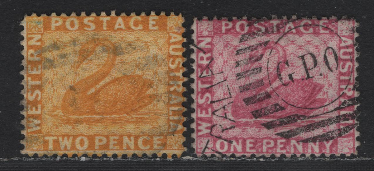 Lot 243 Western Australia SG#77w, 105 9SC# 50, 59) 1d - 2d Carmine Pink - Chrome Yellow, 1882-1885 Line Engraved Swans Issue, 2 Very Fine Used Singles, Crown CC Sideways Inverted Wmk, Perf 14, 1d Having Crisp Strike Of A Perth GPO Grid Cancel.