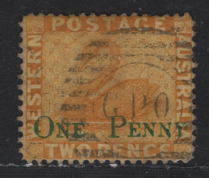 Lot 244 Western Australia SG#Unlisted 1d on 2d Chrome Yellow, 1893 Surcharged Issue, A Very Fine Used Single, Crown CC Wmk, Crisp GPO Grid Cancel
