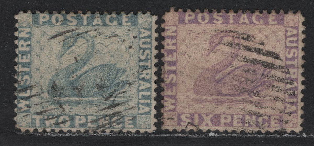 Lot 245 Western Australia SG#80, 104 (SC# 52, 60) 1d - 6d Gray - Lilac, 1882-1888 Line Engraved Swans Issue, 2 Fine Used Singles, Crown CC Sideways Wmk, Perf 14
