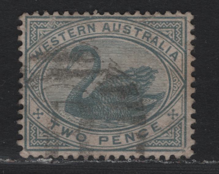 Lot 251 Western Australia SG#96 (SC# 63) 2d Bluish Gray, 1882-1885 Surface Printed Swans Issue, A Very Fine Used Single, Crown CA Sideways Wmk, Scarce Bunbury 'B' Grid Cancel