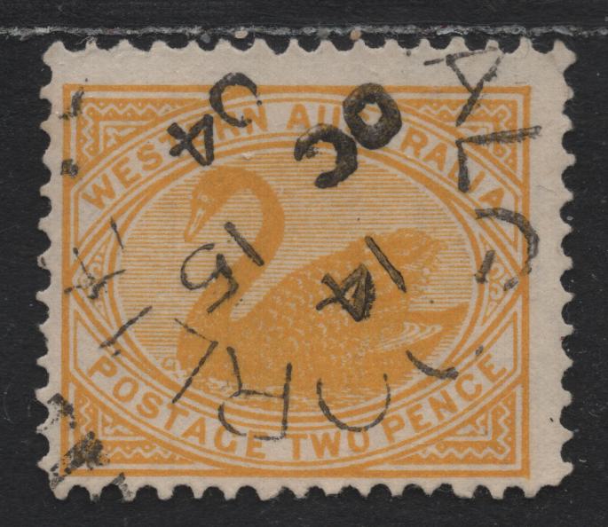 Lot 256 Western Australia SG#118a (SC# 77var) 2d Yellow, 1902-1911 Keyplate Swans Issue, A Fine Used Single, V Over Crown Upright Wmk, SON October 1904 Kalgoorile Split Ring Cancel