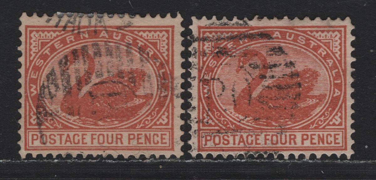 Lot 258 Western Australia SG#119 (SC# 79) 4d Chestnut, 1902-1911 Keyplate Swans Issue, 2 Fine/Very Fine Used Singles, V Over Crown Sideways & Sideways Inverted Wmks