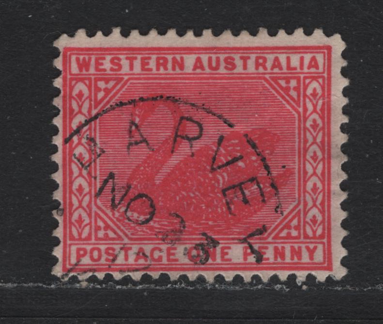 Lot 263 Western Australia SG#139var (SC# 90) 1d Rose, 1905-1912 Swans Issue, A Fine Used Single, Crown Over A Sideways Inverted Wmk, November 21 1912 Harvey CDS Cancel