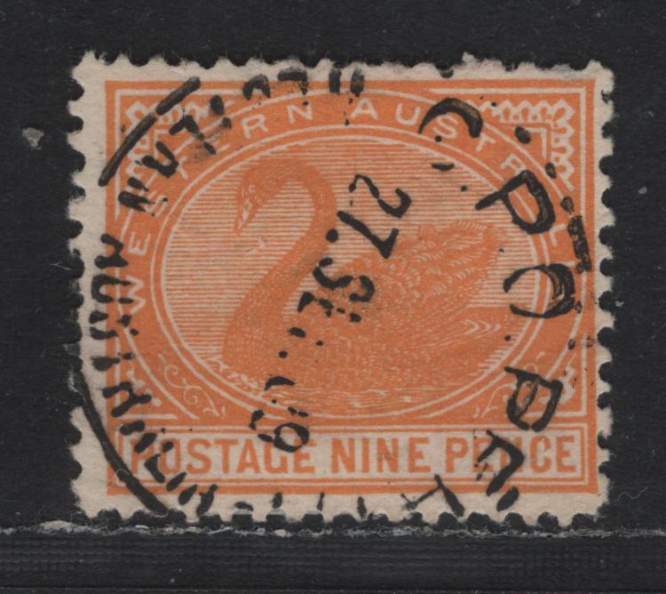 Lot 268 Western Australia SG#145 (SC# 96) 9d Orange, 1905-1912 Swans Issue, A Fine Used Single, Crown Over A Sideways Wmk, Perf 12.5, SON September 27 1909 GPO Perth Western Australia.