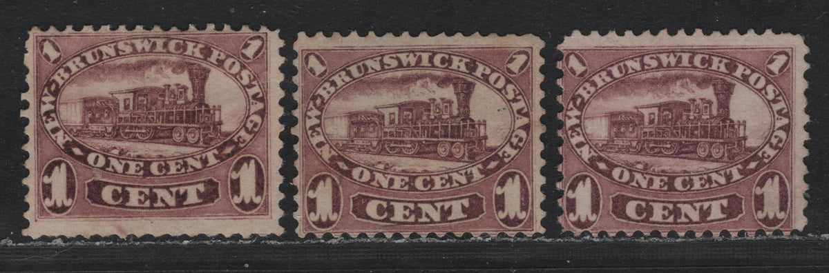 Lot 279 New Brunswick (C) #6 1c Red Lilac, 1860 Cents Issue, 3 Fine Unused Single, Cents-D, Cents-E & Cents-F Papers, Perfs 12 & 11.75x12