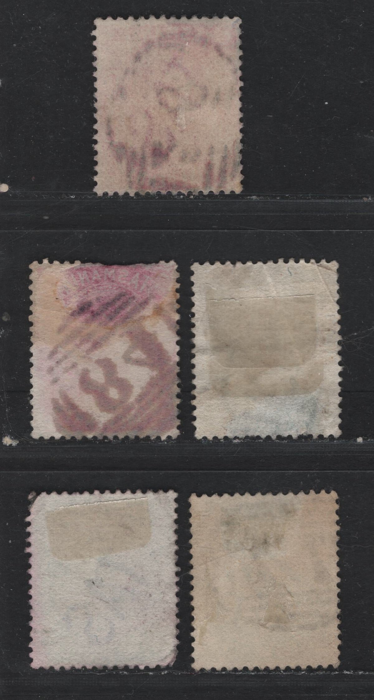 Lot 28 Australia - Tasmania SG#156a, 157-a (SC# 60-61) 1d Bright Rose Carmine - Pale Blue Green , 1880-1895 Third Sideface Issue, 5 Good-Very Fine Used Singles, Perf 14, #62 , #77, #83), #84 & #120 Barred Numeral Cancels