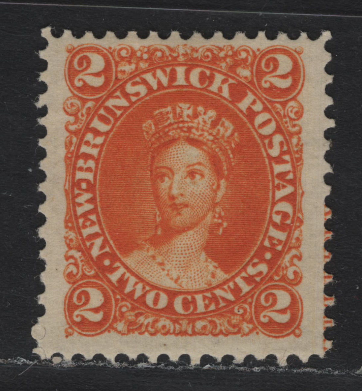 Lot 281 New Brunswick #7b 2c on 3c Deep Orange, 1860 Cents Issue, A Very Fine Unused Single, Cents-J Paper, Perf 12x11.75, Partial Imprint Visible At Lower Right, VF Centering For This Issue.