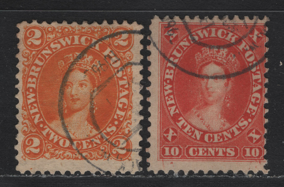 Lot 282 New Brunswick #7, 9 2c - 10c Orange - Vermillion, 1860 Cents Issue, 2 Fine Used Singles, Cents-J & Cents-T Papers, Perf 12x11.75, Both With What Appear To Forged Or Posthumously Applied Cancels, Possibly German Origin