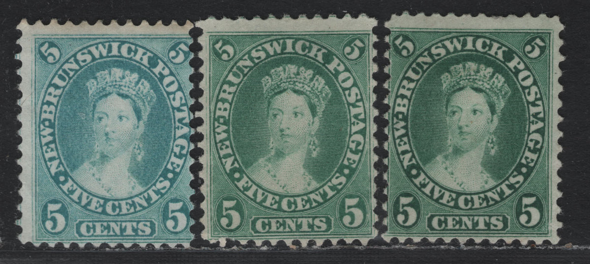 Lot 284 New Brunswick (C) #8a 5c Milky Bluish Green - Deep Green, 1860 Cents Issue, 3 Very Good/Fine Unused Singles, Different Papers & Perfs