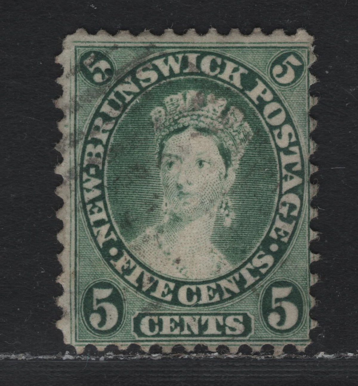 Lot 285 New Brunswick (C) #8var 5c Deep Green, 1860 Cents Issue, A Fine Used Single, Cents-H Paper, Perf 12x11.75, Scarcer Shade, Unitrade Values Them Equally, But This is Incorrect.