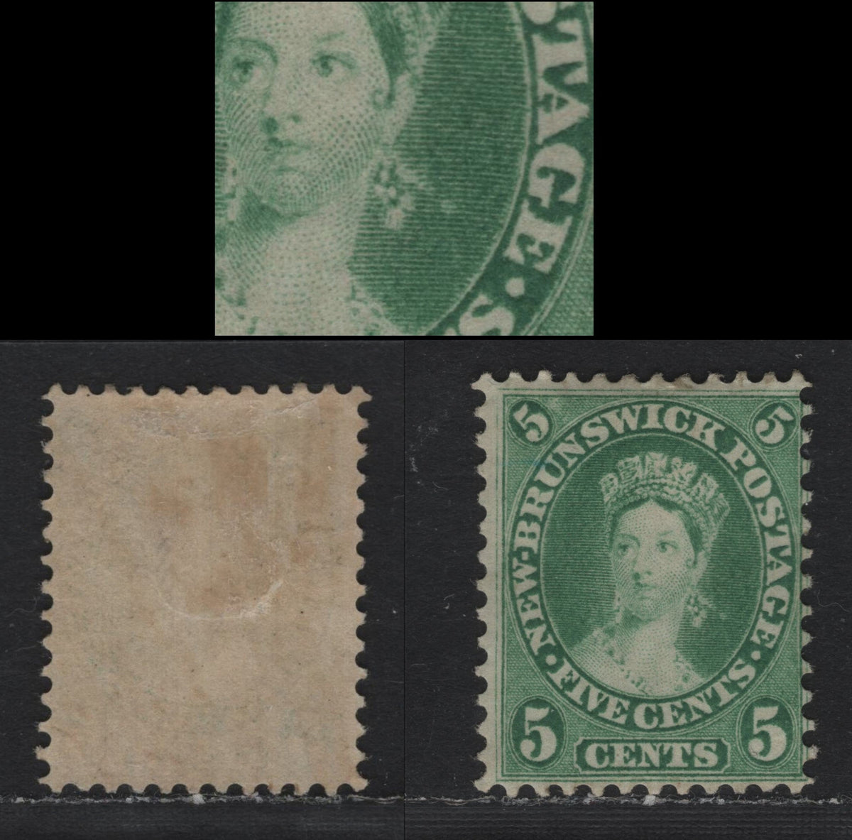 Lot 286 New Brunswick #8ii 5c Deep Yellow Green, 1860 Cents Issue, A FOG Single, Showing Scratch At Ear From Pos. 59, Cents-N Paper, Perf 12.