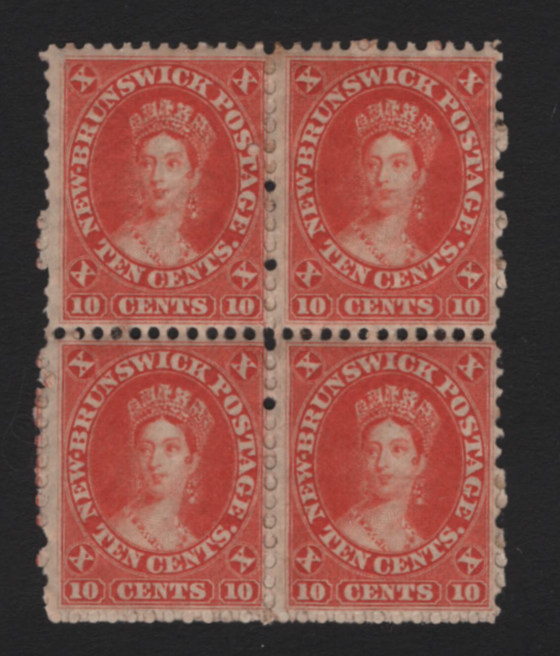 Lot 288 New Brunswick (C) #9 10c Vermillion, 1860 Cents Issue, A FOG/NH Block Of 4, Perf 12.1x11.75, Cents-T Paper, Bottom Stamps NH & Top Hinged.