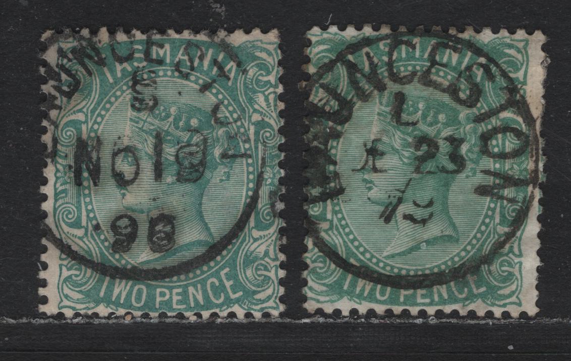 Lot 29 Australia - Tasmania SG#157a (SC# 61) 2d Green - Blue Green , 1880-1896 Third Sideface Issue, A Fine used Single, Perf 14, SON Lawnceston CDS Cancels, 1 Dated December 23 1879 & One Dated Nov 19 1896.