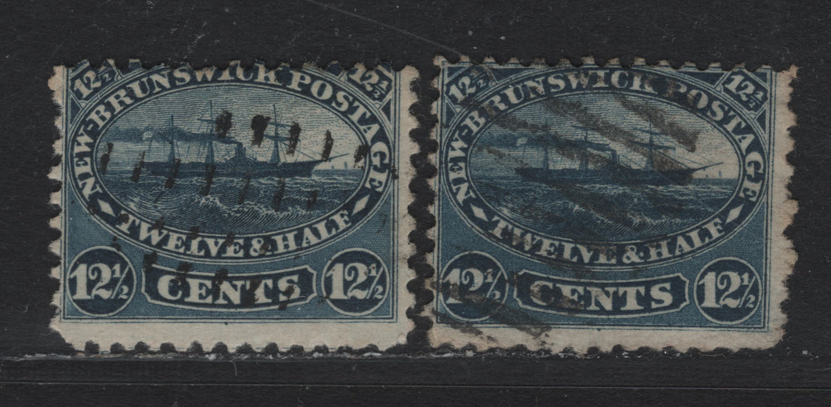 Lot 294 New Brunswick #10 12.5c Blue - Dull Blue, 1860 Cents Issue, 2 Fair/Very Good Used Singles, Cents-HHH & Cents-E Paper, Perf 11.75x12, Brighter Shade Has A Small Tear & Shallow Thin.