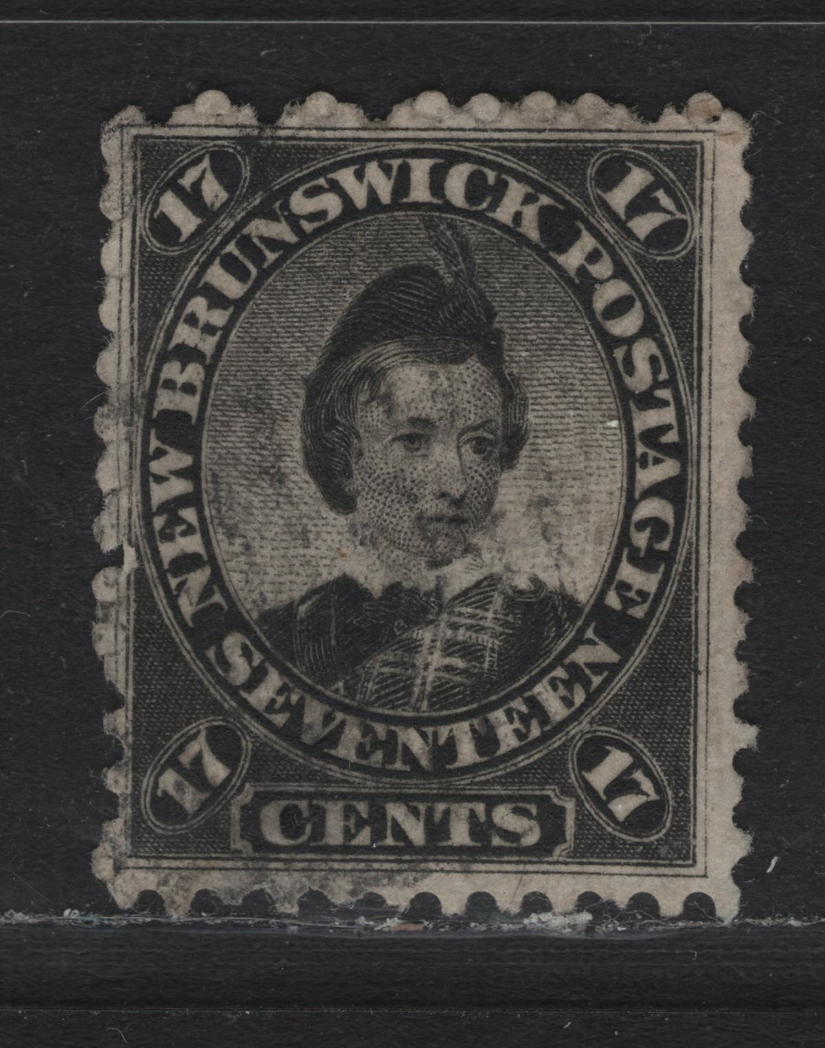 Lot 298 New Brunswick #11 17c Black, 1860 Cents Issue, A Very Good Used Single, Cents-L Paper, Perf 11.75, Shallow Thin On The Back.