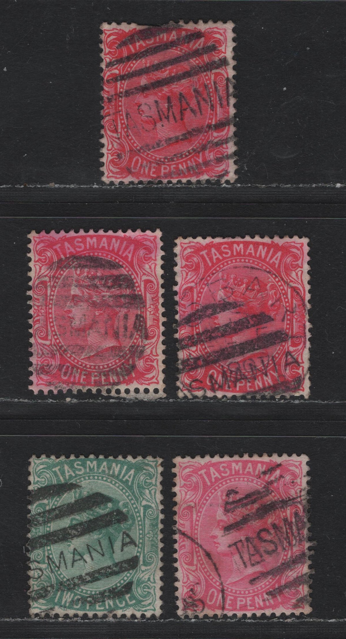 Lot 30 Australia - Tasmania SG#156a-b, 157c (SC# 60-61) 1d - 2d Pale Carmine Rose - Green , 1880-1897 Third Sideface Issue, 5 Very Good/Very Fine Used Singles, Different Shades, TAS Watermarked, Perf 14, Tasmania Barred Cancels, Different Font Sizes.