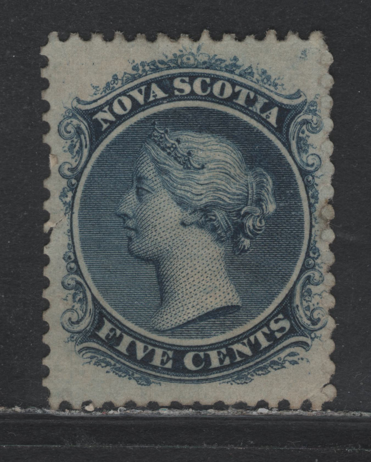 Lot 301 Nova Scotia #10c 5c Dark Blue, 1860-1863 Queen Victoria Issue, A Very Good Unused Single, Cents-VVV Paper, Perf 12x11.75, Well Centered But Small Visible Tear In The Left Margin Mid Way Up.