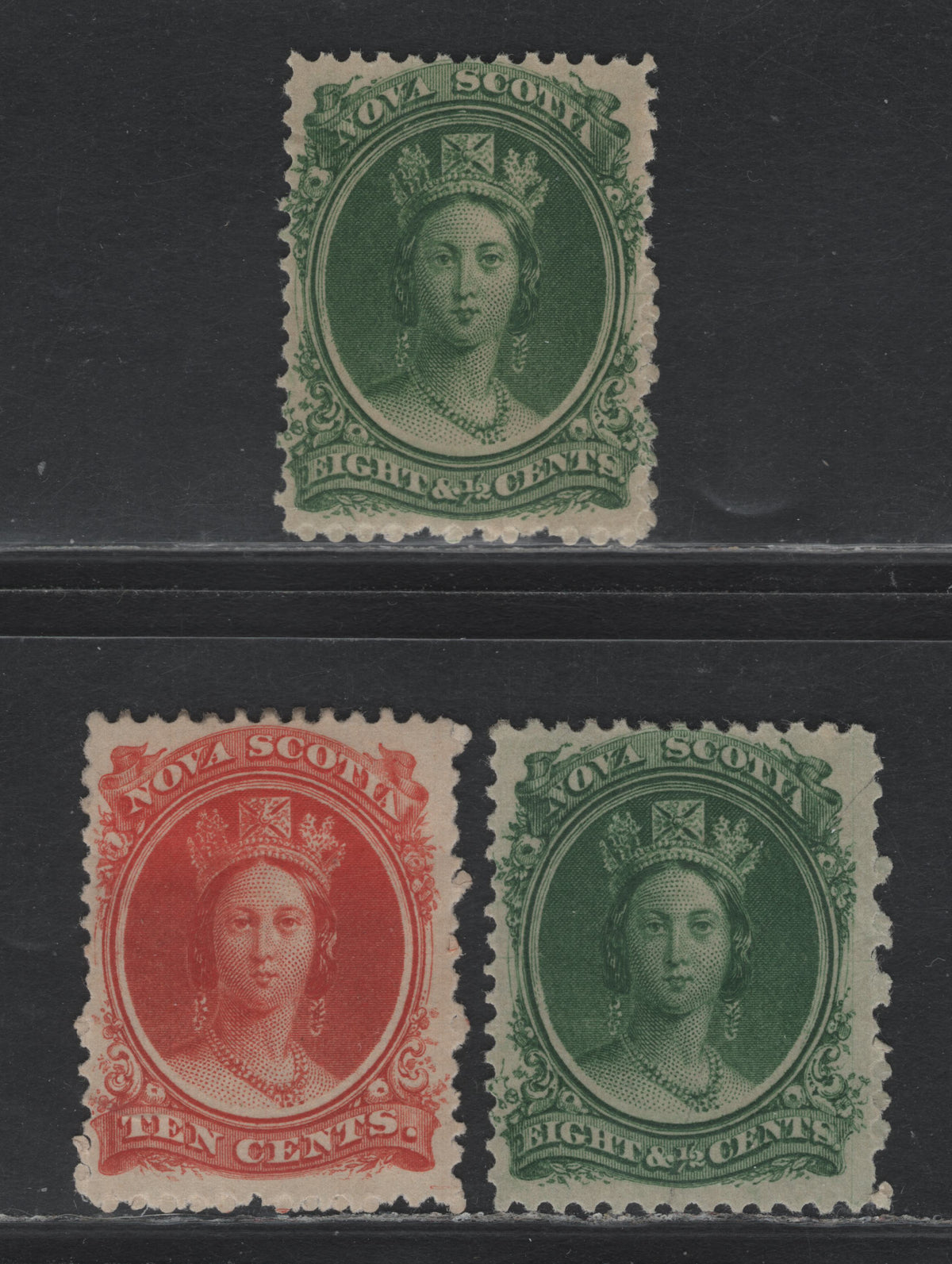 Lot 302 Nova Scotia #11-12 8.5c Green - Vermillion, 1860-1863 Queen Victoria Issue, 2 Fine Used Singles, Cents-G & Cents-VVV