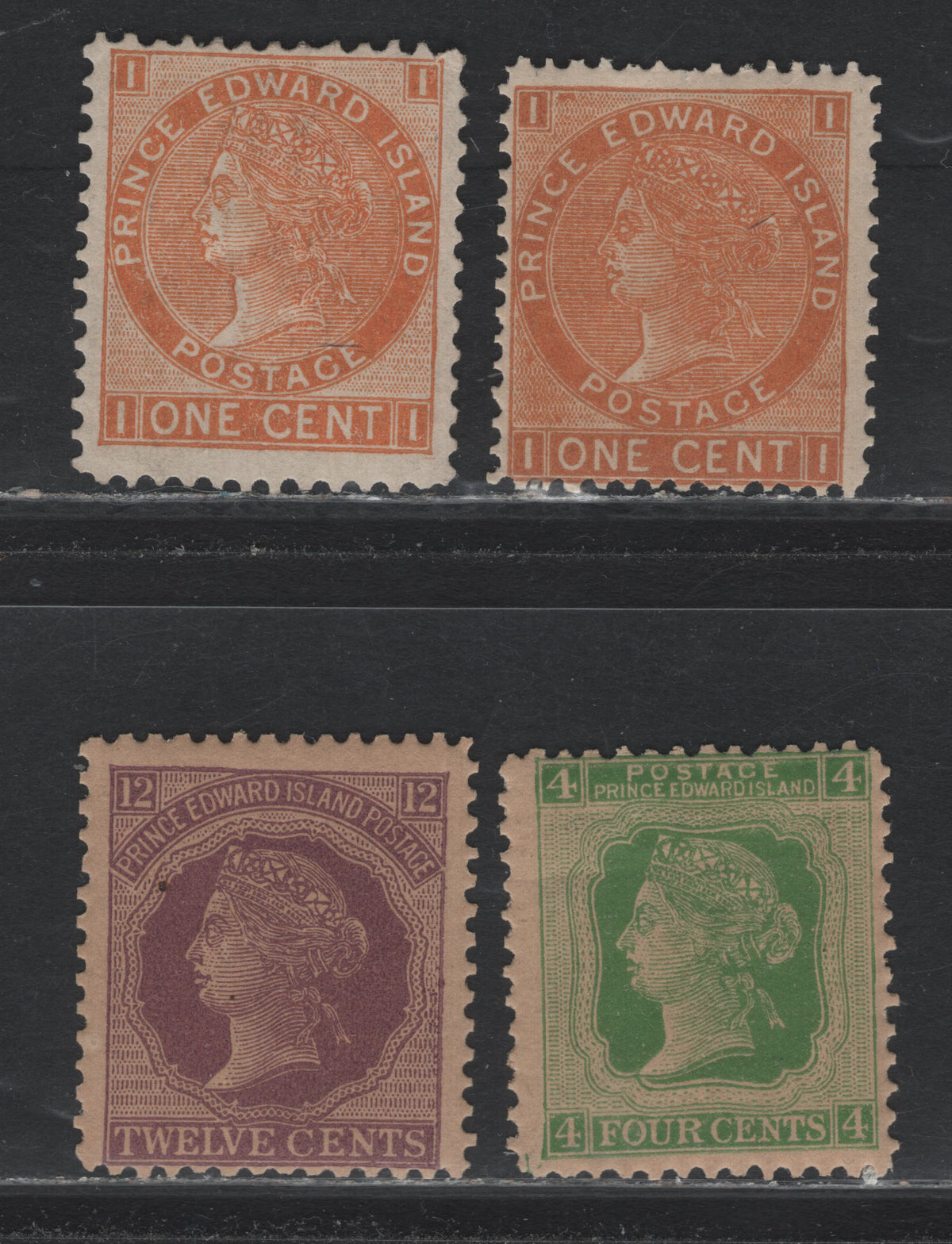 Lot 306 P.E.I #11,b, 14, 16 1c- 12c Brown Orange - Lilac, 1872 Queen Victoria Cents Issue, 4 VG/FOG Singles, Different Papers & Perfs