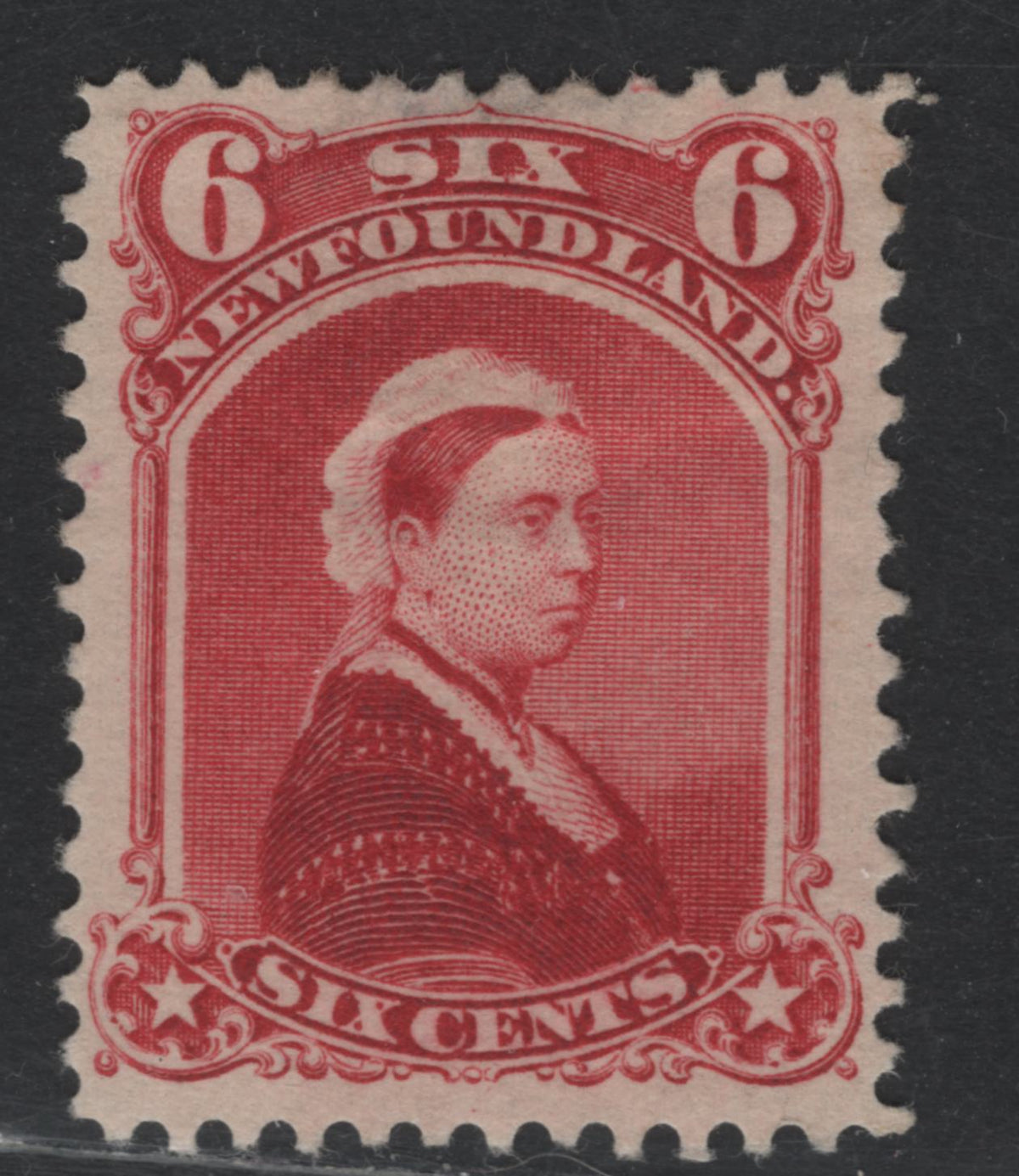 Lot 311 Newfoundland #36 6c Carmine Lake, 1868-1894 2nd Cents Issue, A FOG Single, Cents-EE Paper, Perf 12x11.75, Small Hinge Thin At Top.
