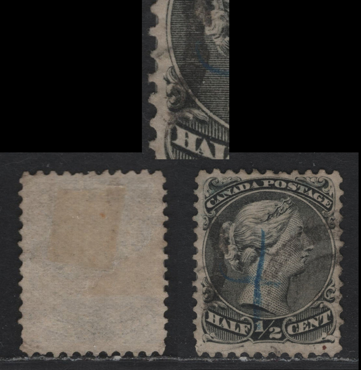 Lot 325 Canada #21iv 1/2c Grey Black, 1868 Large Queens Issue, A Fine Used SIngle On Paper FO-FK, Perf 11.75x12, Showing Constant "Spur" In Scroll To The Left Of H