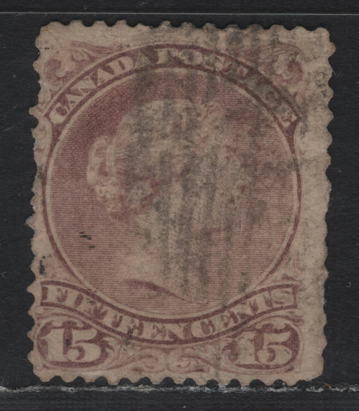 Lot 331 Canada #29b 15c Red Lilac, 1868 Large Queens Issue, A Good Used Single On Paper FO-FQ, Perf 12, This Is The First Example Of This Paper I Have Seen