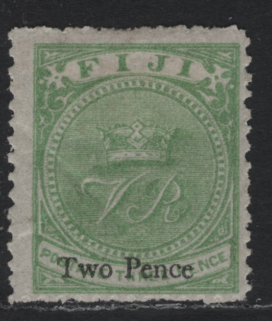 Lot 335 Fiji SG#32 (SC# 37a) 2d on 3d Yellow Green , 1876-1877 Surcharged Monogram Issue, A FOG Single, Perf 12.5, Very Rough On Top & Bottom, Which Upon Close Examination Are Not Pulled, But Unpunched Holes.