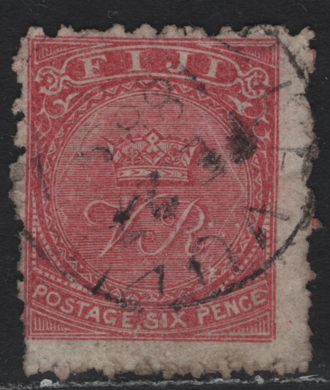 Lot 336 Fiji SG#45a (SC# 43) 6d Bright Rose , 1878-1899 Monogram Issue, A Very Good Used Single, Rough Perf 10