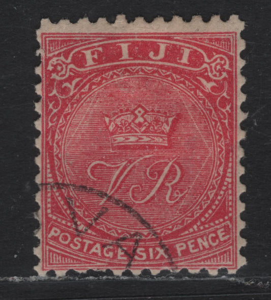 Lot 338 Fiji SG#59a (SC# 43) 6d Bright Rose , 1878-1899 Monogram Issue, A Very Good Used Single, Perf 11x11.75, Light Crease At UL
