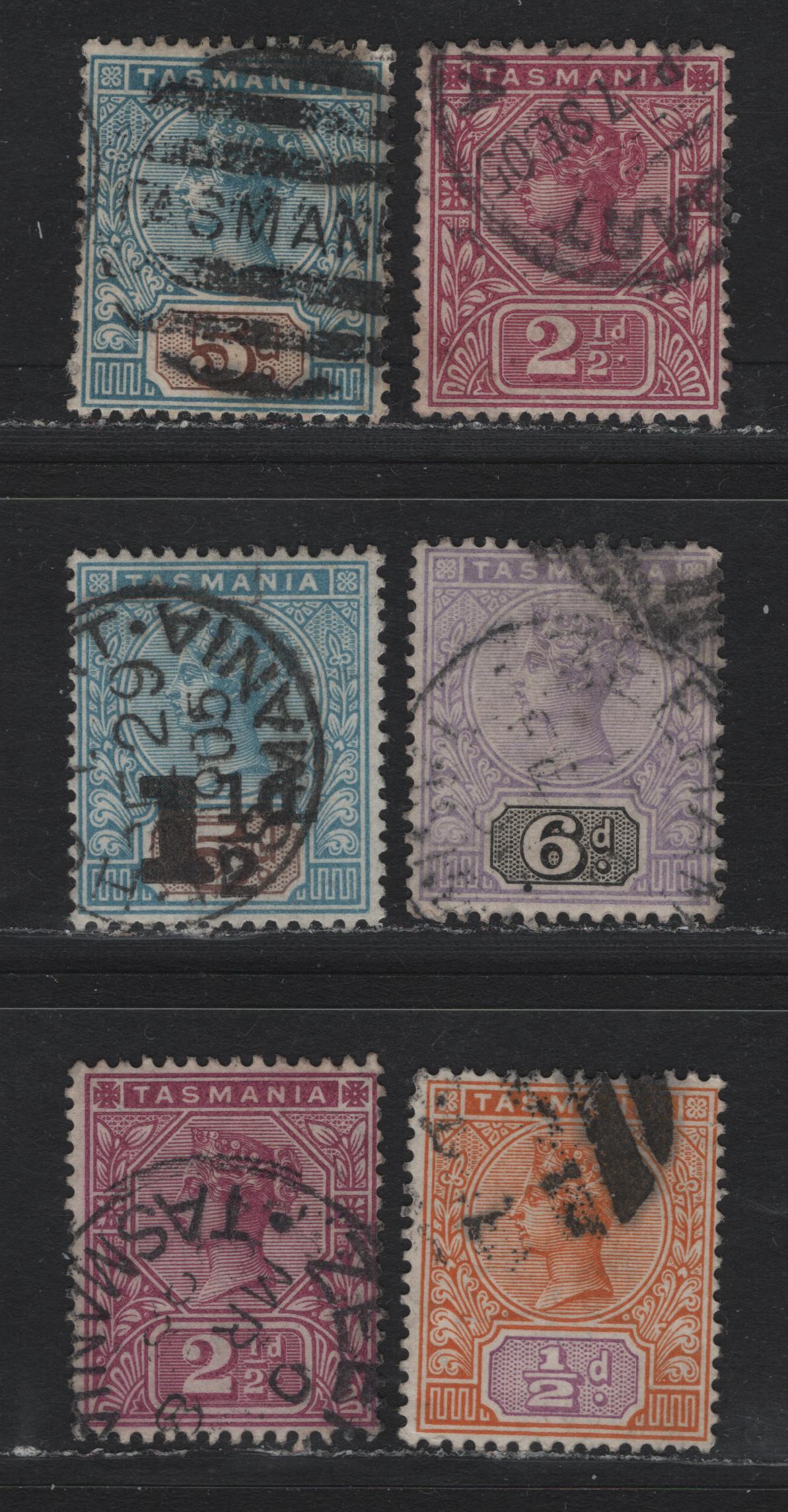 Lot 34 Australia - Tasmania (C)SG#216-219, 244 (SC# 76-79, 100) 1/2d - 6d Orange & Mauve - Blue Violet & Black , 1880-1901 Queen Victoria Tablet Keyplate & Surcharged Issues, 6 Fine Used Singles, Two Slightly Different Shades Of the 2.5d