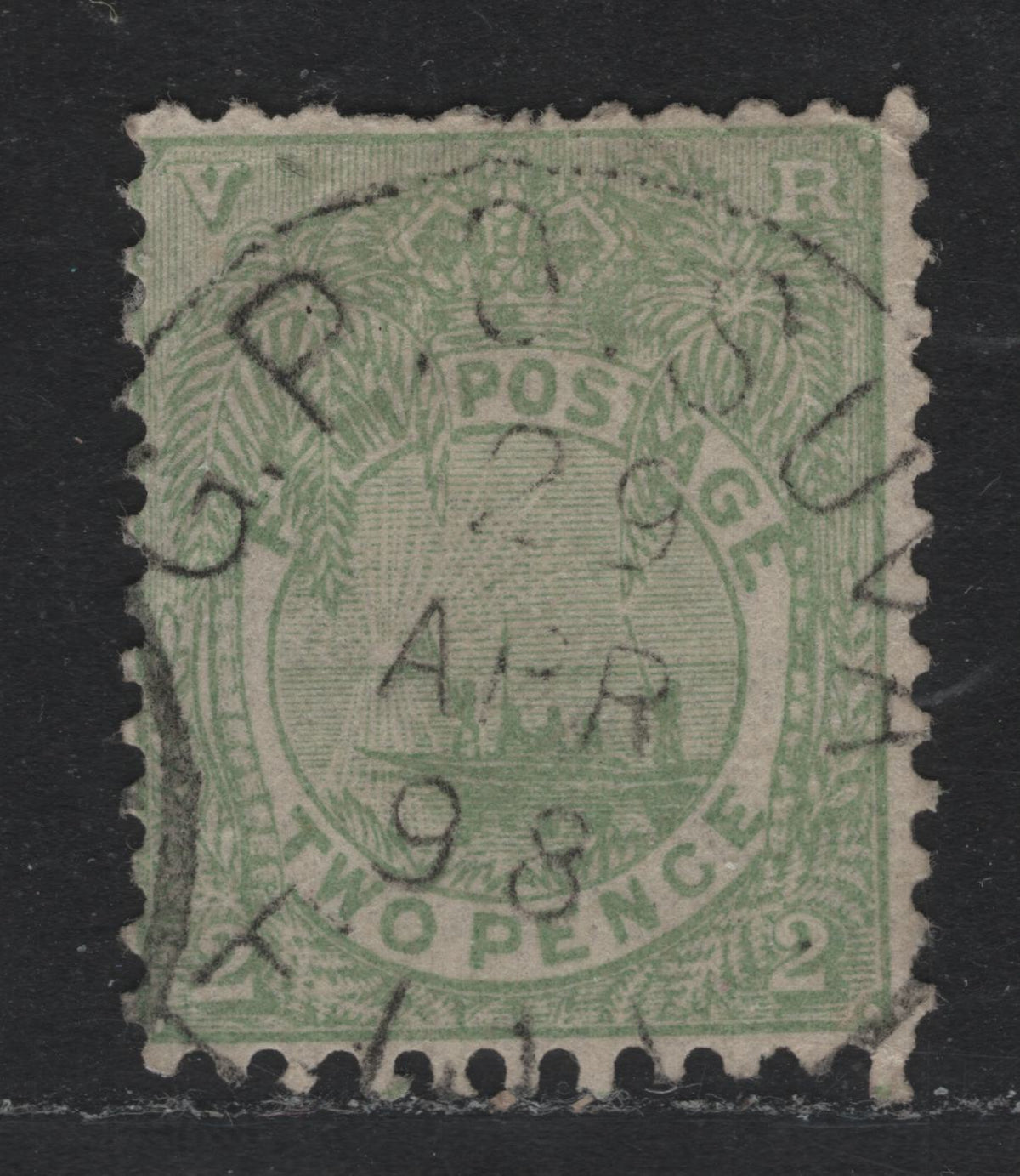Lot 341 Fiji SG#102 (SC# 52) 2d Dull Green , 1891-1896 Emblem & Native Canoe Issue, A Fine Used Single, April 29 1898 GPO Suva Cancel
