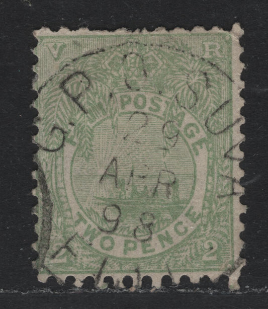Lot 341 Fiji SG#102 (SC# 52) 2d Dull Green , 1891-1896 Emblem & Native Canoe Issue, A Fine Used Single, April 29 1898 GPO Suva Cancel