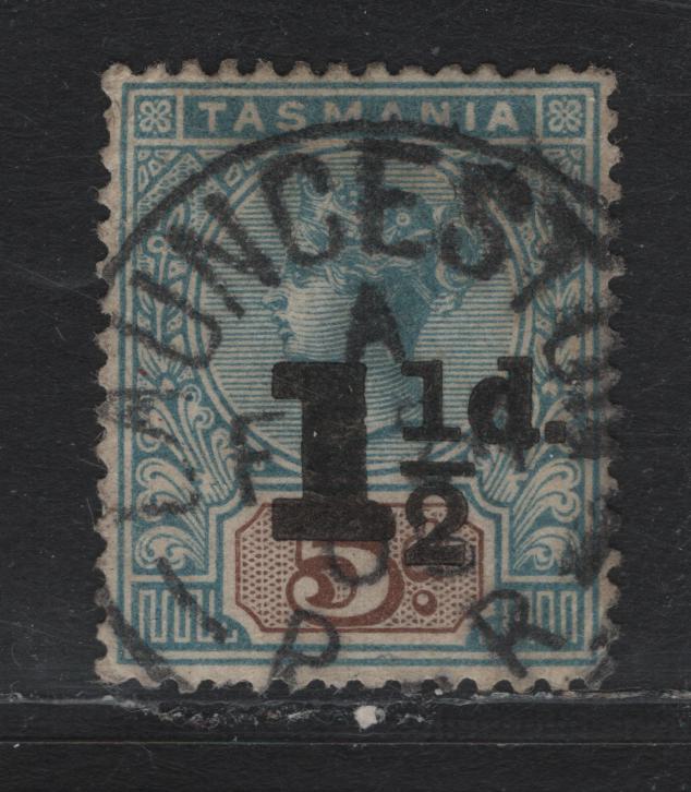 Lot 35 Australia - Tasmania SG#244 (SC# 100) 1.5d on 5d Light Blue & Brown , 1880-1902 Queen Victoria Tablet Keyplate & Surcharged Issues, A Fine Used Single, Son Early Feb 21 1905 Lawnceston Cancel, Light Corner Wrinkles